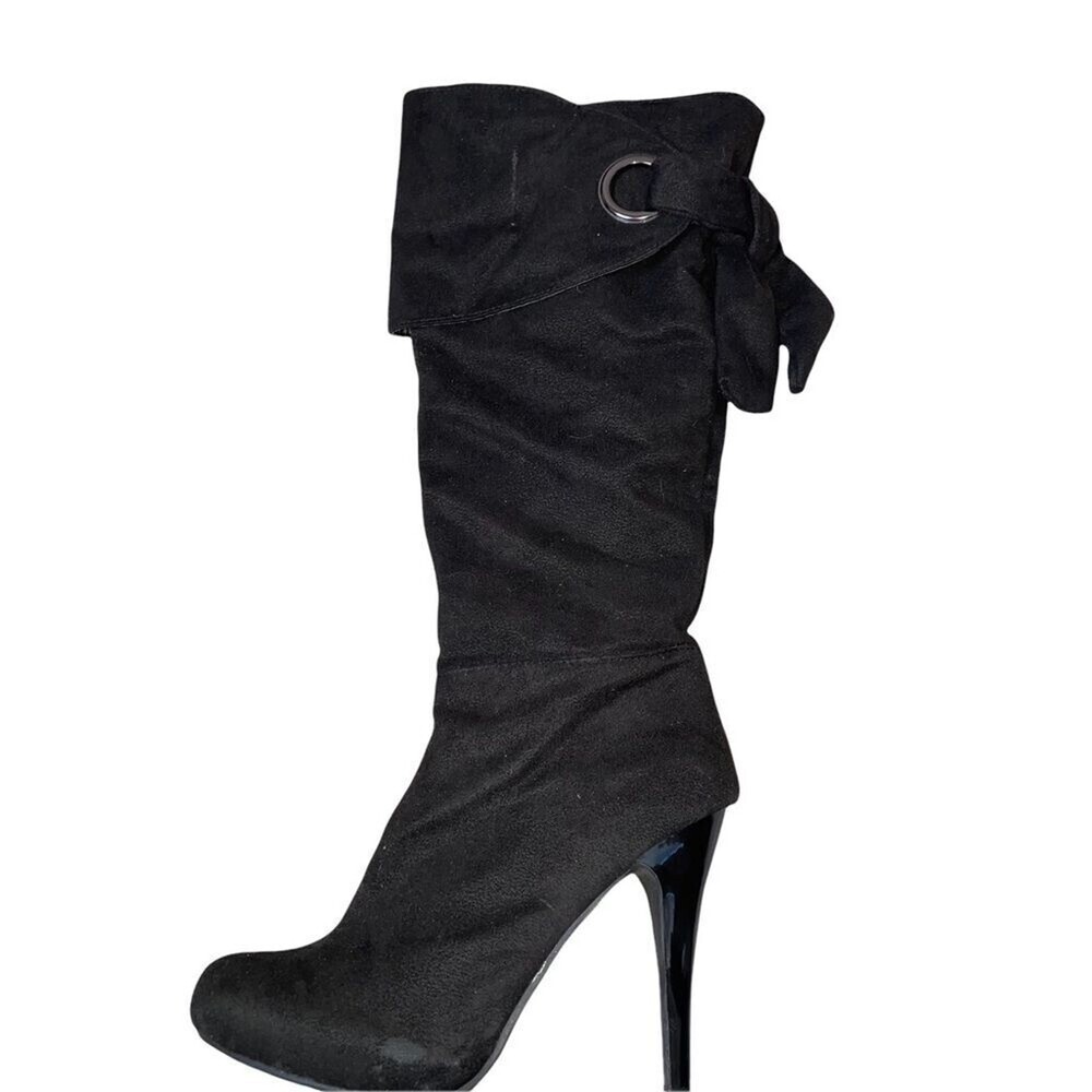 Anne Michelle savior black heeled boots knee high suede like material SZ 9